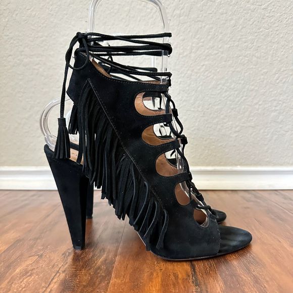SIGERSON MORRISON Marita Black Suede Lace Up Fringe Strappy Sandals - Picture 1 of 11